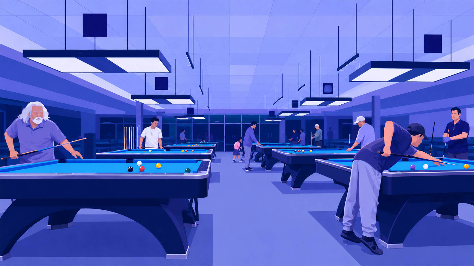 Illustrated billiards room during a tournament