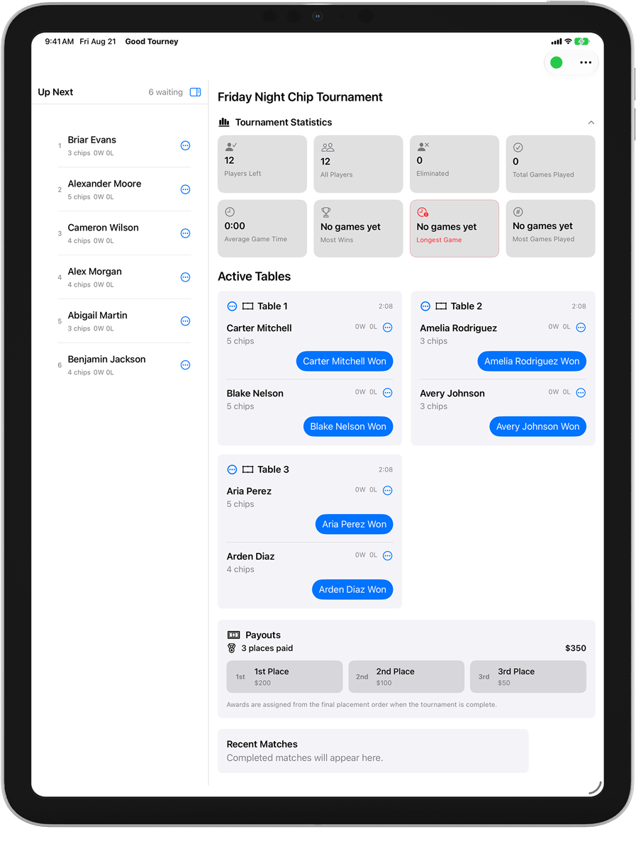Native Good Tourney iPad app reference screen